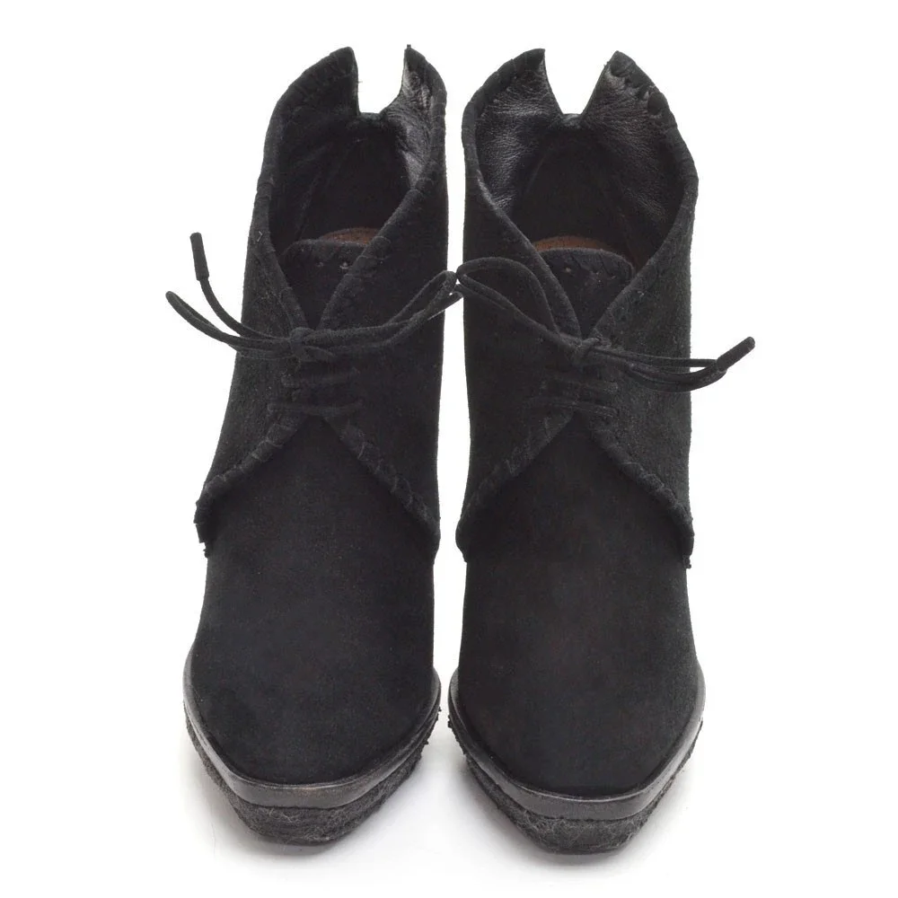Alaia Black Suede Low Platform Lace Up Heeled Bootie 37
